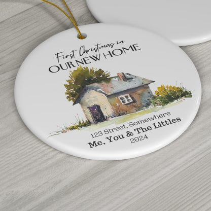 "Our First Christmas in Home" Personalized Ceramic Ornament - Cozy Cottage