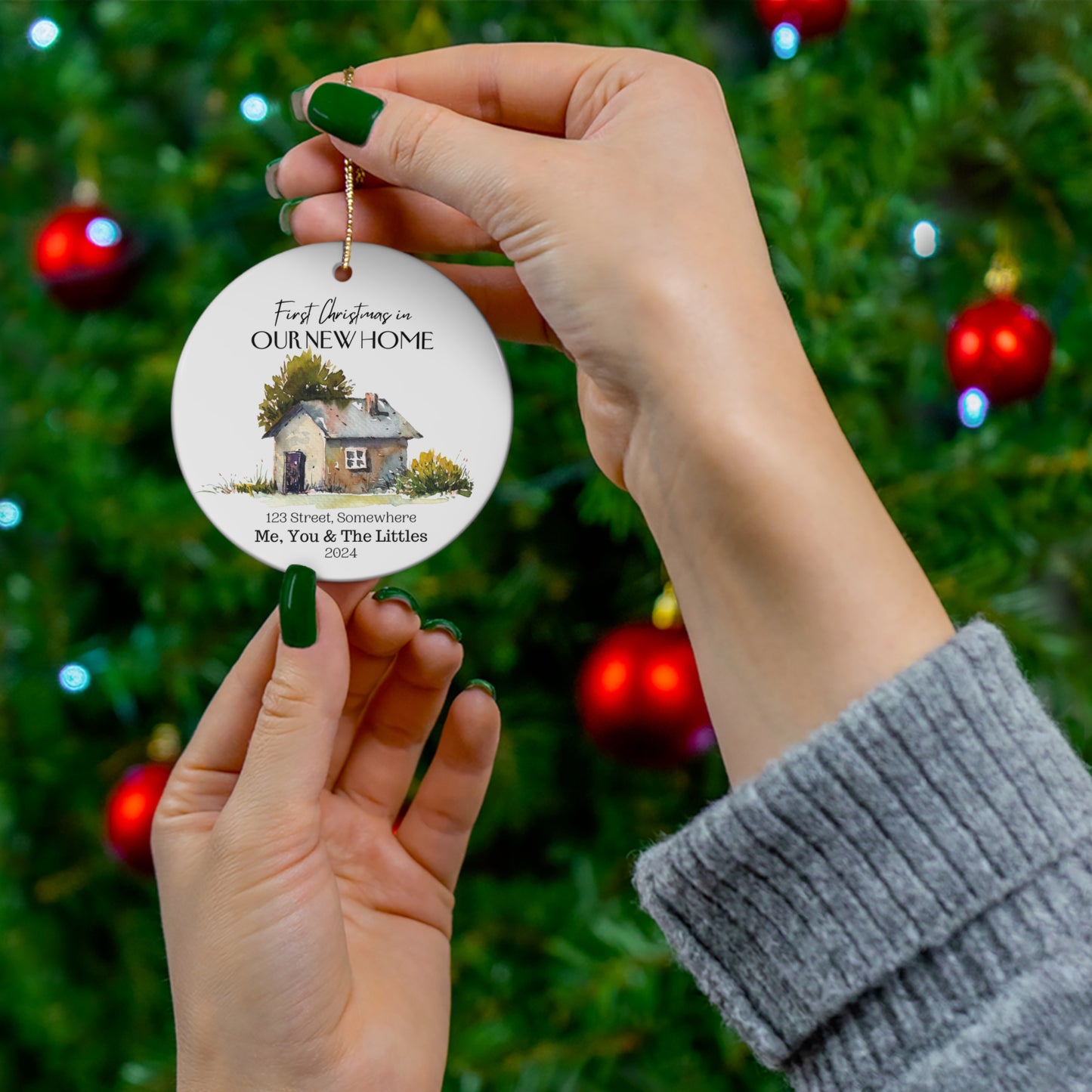 "Our First Christmas in Home" Personalized Ceramic Ornament - Cozy Cottage