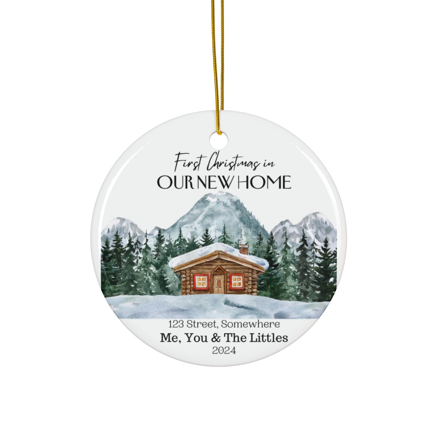 "Our First Christmas in Home" Personalized Ceramic Ornament - Cabin