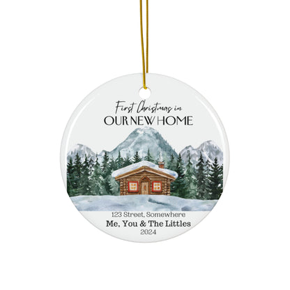 "Our First Christmas in Home" Personalized Ceramic Ornament - Cabin