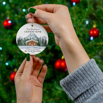 "Our First Christmas in Home" Personalized Ceramic Ornament - Cabin