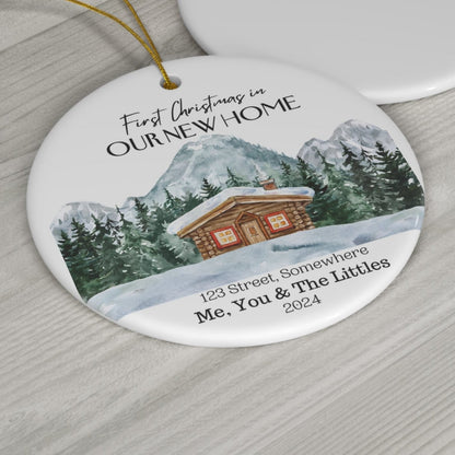 "Our First Christmas in Home" Personalized Ceramic Ornament - Cabin