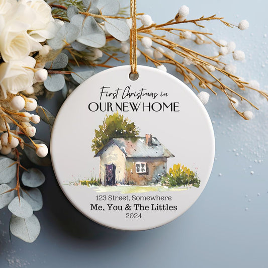 "Our First Christmas in Home" Personalized Ceramic Ornament - Cozy Cottage