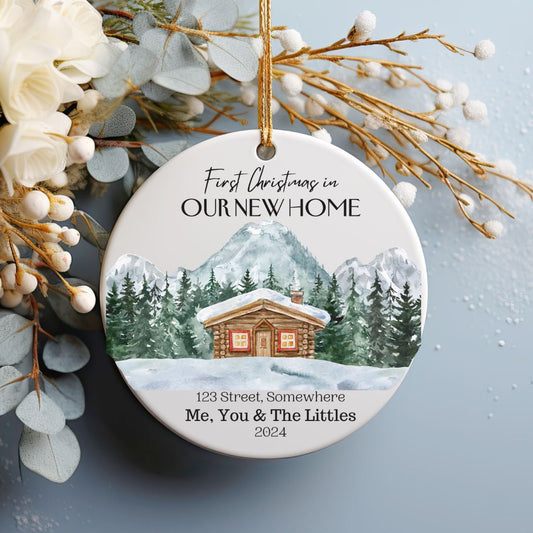 "Our First Christmas in Home" Personalized Ceramic Ornament - Cabin