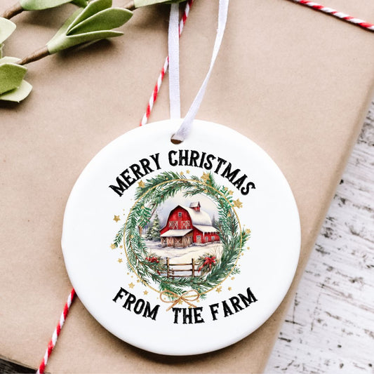 Merry Christmas From the Farm Barn Ceramic Ornament