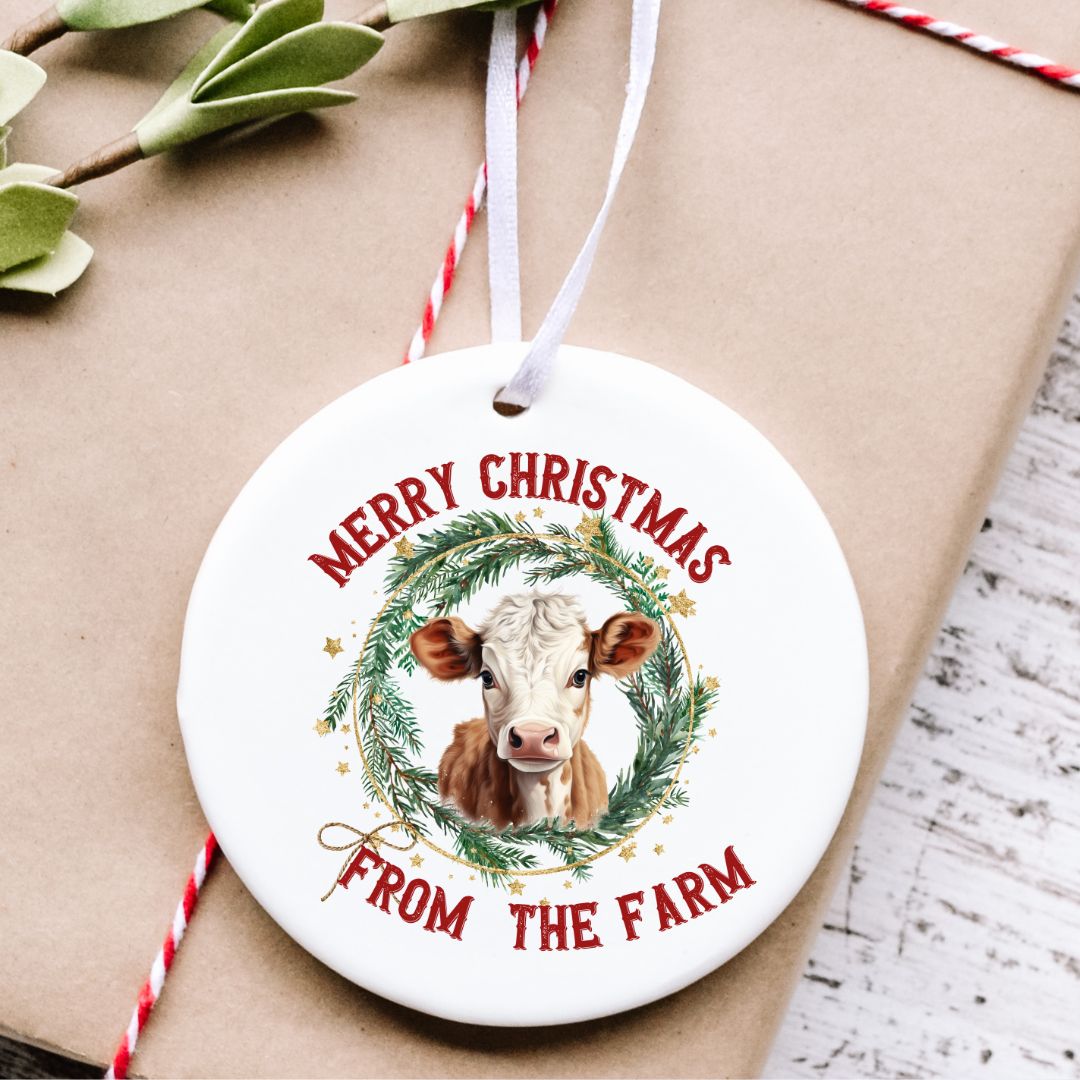 Merry Christmas From the Farm Cow Ceramic Ornament