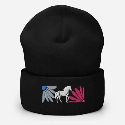 Floral Horse Embroidered Cuffed Beanie