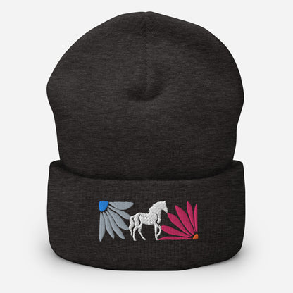 Floral Horse Embroidered Cuffed Beanie