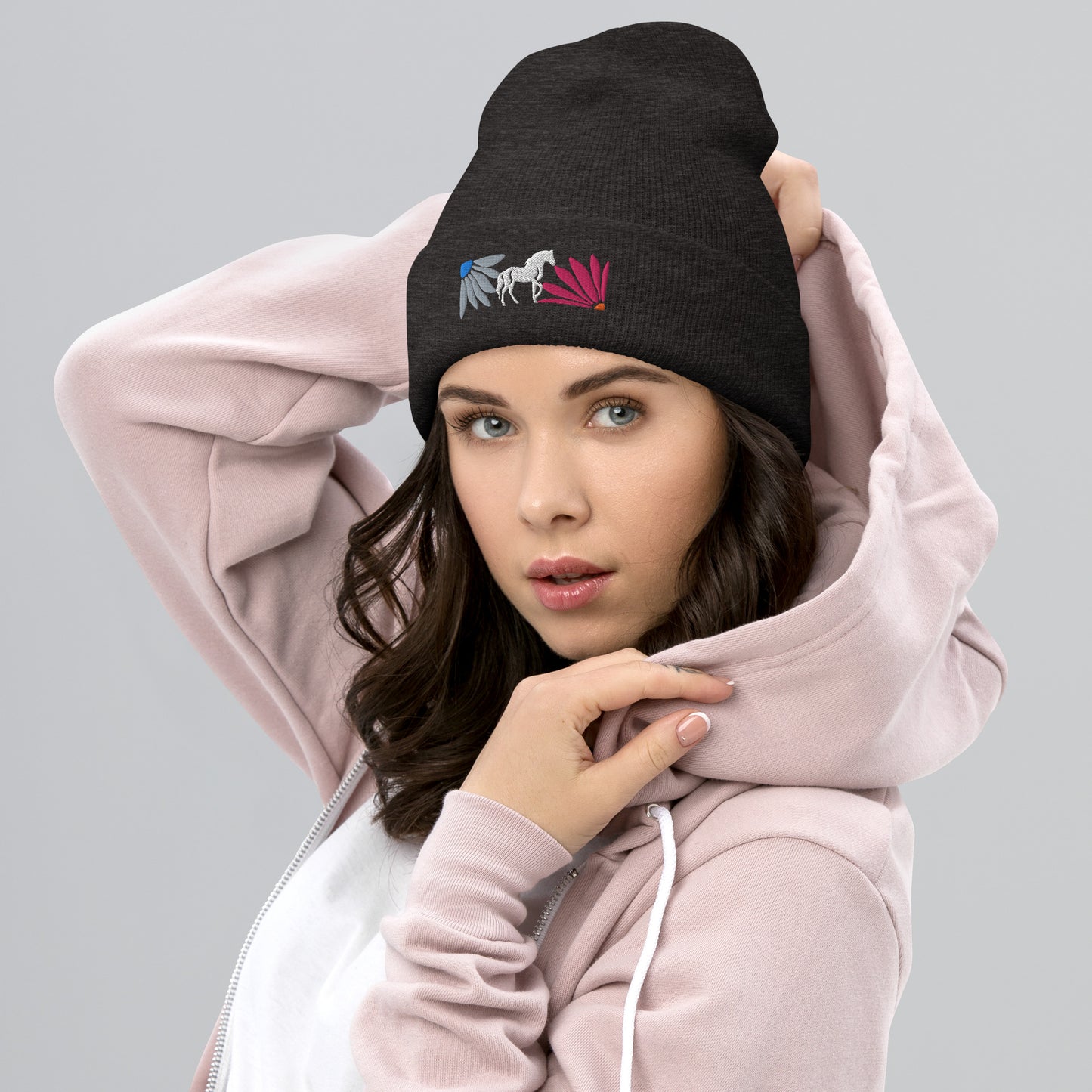 Floral Horse Embroidered Cuffed Beanie