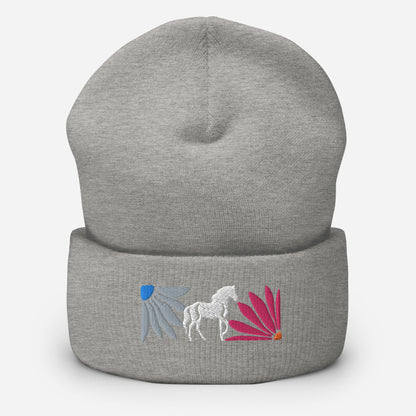 Floral Horse Embroidered Cuffed Beanie