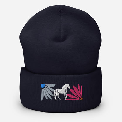 Floral Horse Embroidered Cuffed Beanie