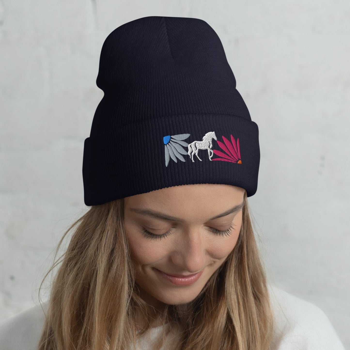 Floral Horse Embroidered Cuffed Beanie