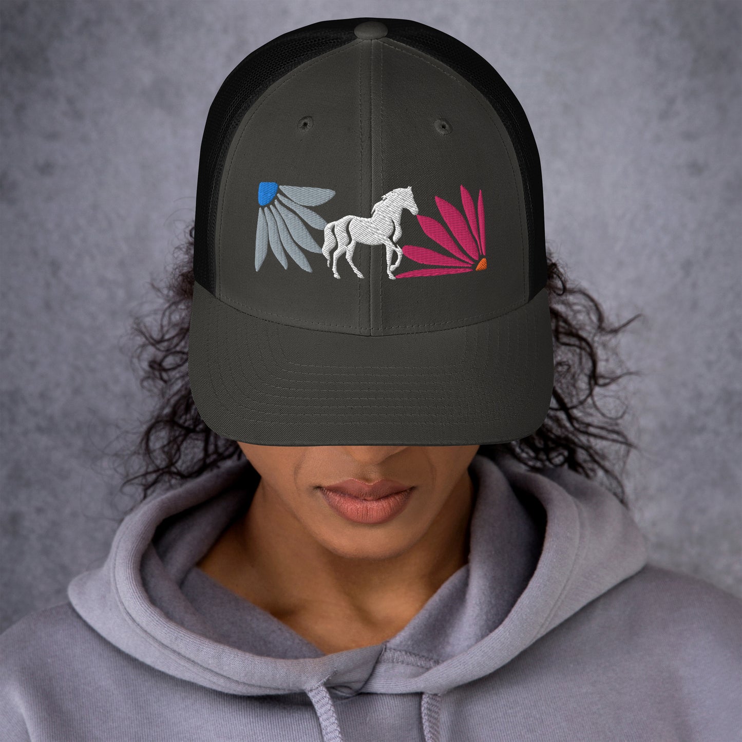 Floral Horse Embroidered Trucker Cap