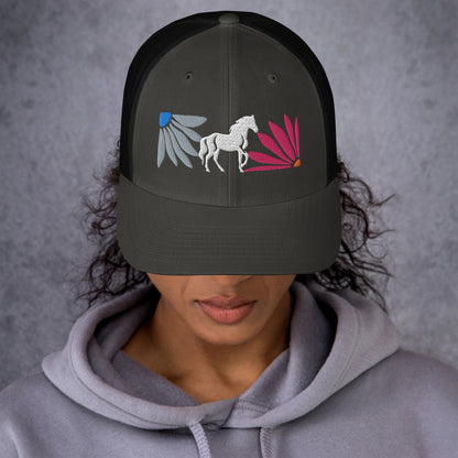 Floral Horse Embroidered Trucker Cap