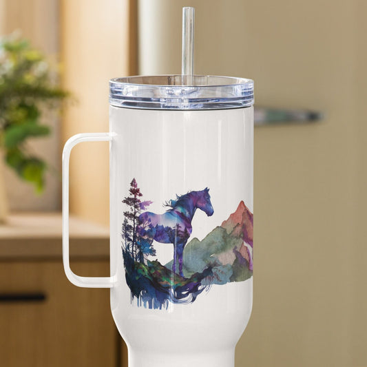 Indigo Mountain Horse Travel mug with a handle