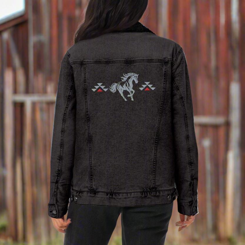 Running With The Wind - Unisex Embroidered Black Denim Sherpa Jacket