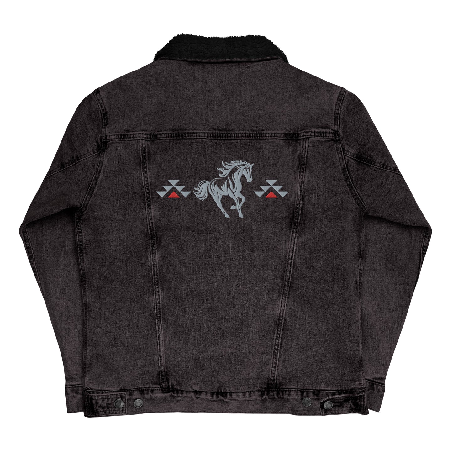 Running With The Wind - Unisex Embroidered Black Denim Sherpa Jacket