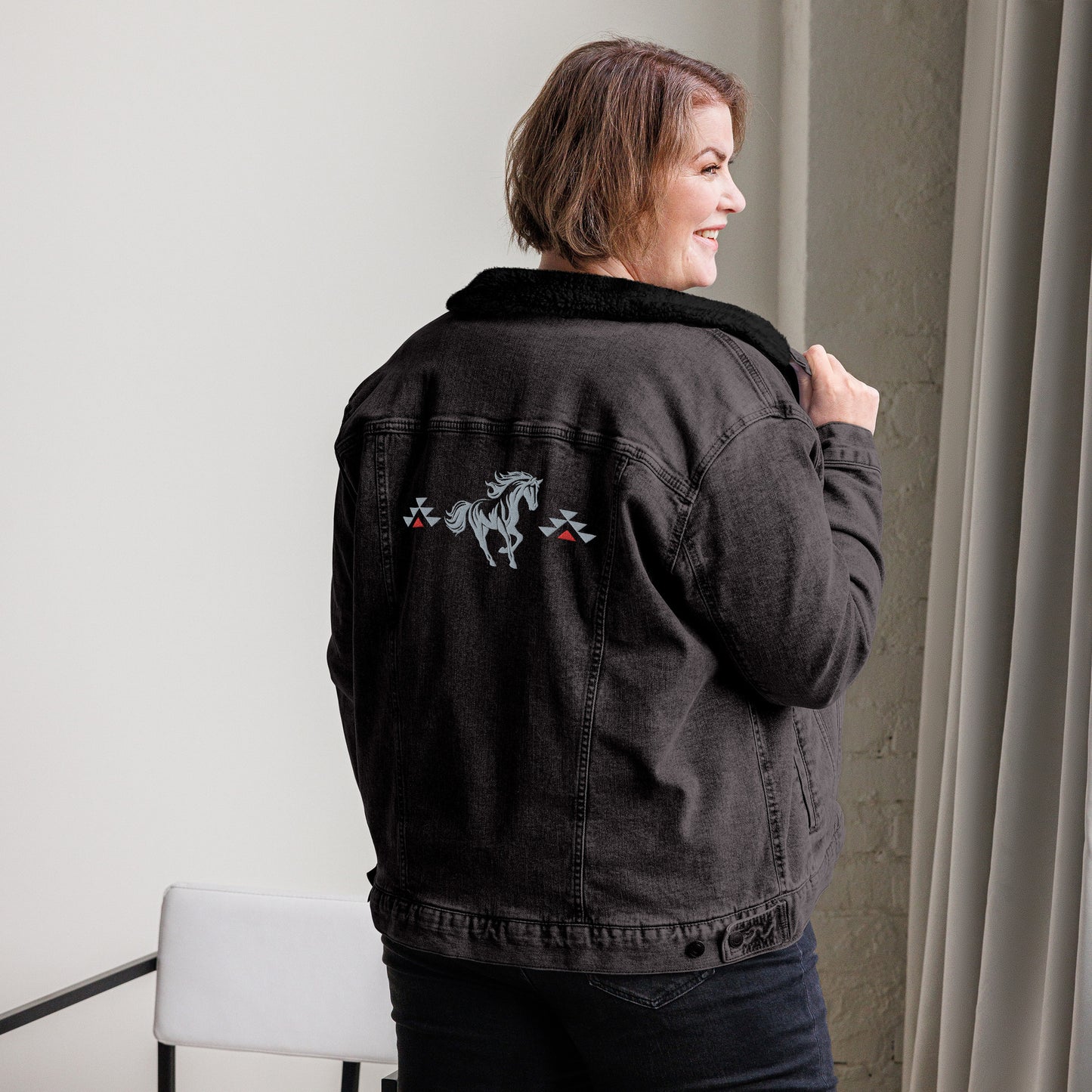 Running With The Wind - Unisex Embroidered Black Denim Sherpa Jacket