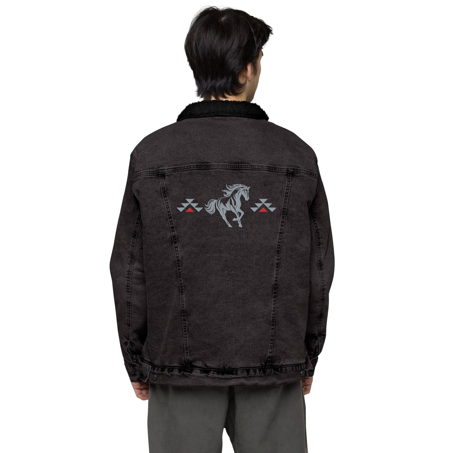 Running With The Wind - Unisex Embroidered Black Denim Sherpa Jacket