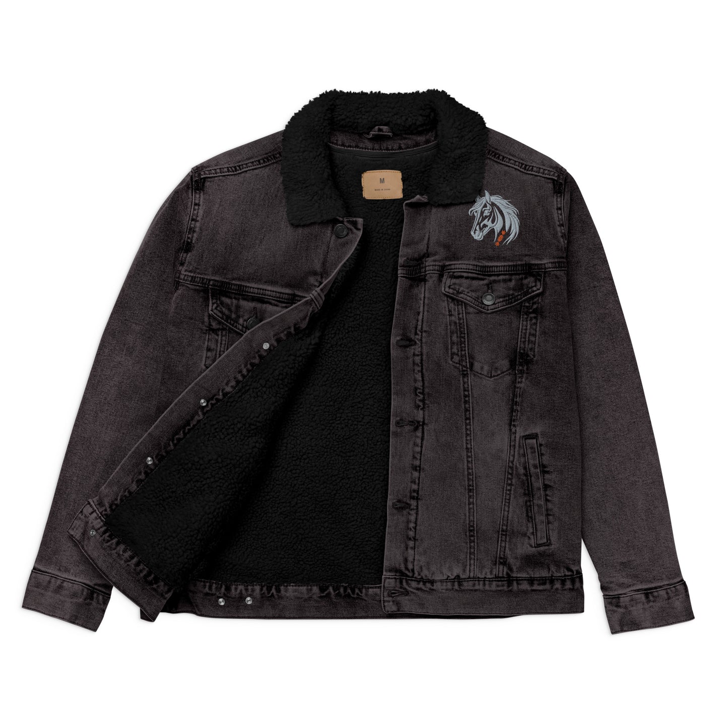 Running With The Wind - Unisex Embroidered Black Denim Sherpa Jacket