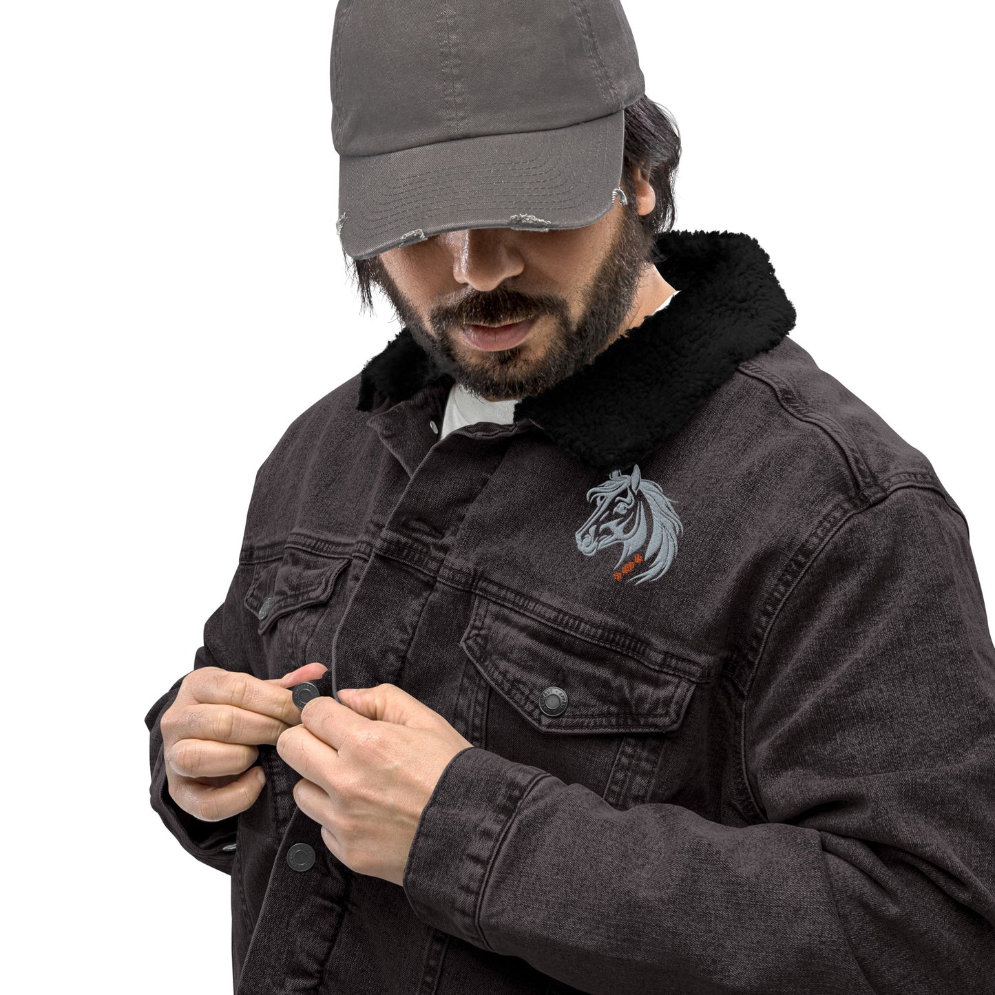 Running With The Wind - Unisex Embroidered Black Denim Sherpa Jacket