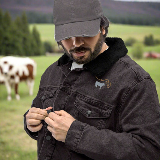 Mountain Roping - Unisex Embroidered Black Denim Sherpa Jacket