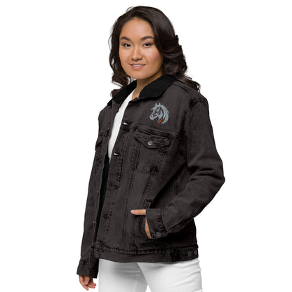 Running With The Wind - Unisex Embroidered Black Denim Sherpa Jacket