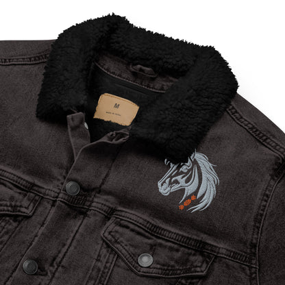 Running With The Wind - Unisex Embroidered Black Denim Sherpa Jacket