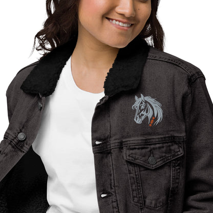 Running With The Wind - Unisex Embroidered Black Denim Sherpa Jacket