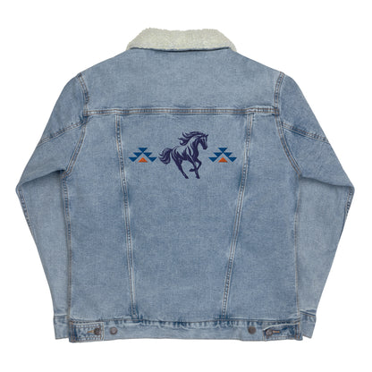 Running With The Wind - Unisex Embroidered Blue Denim Sherpa Jacket