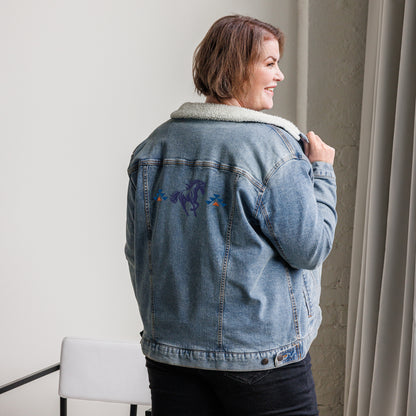 Running With The Wind - Unisex Embroidered Blue Denim Sherpa Jacket