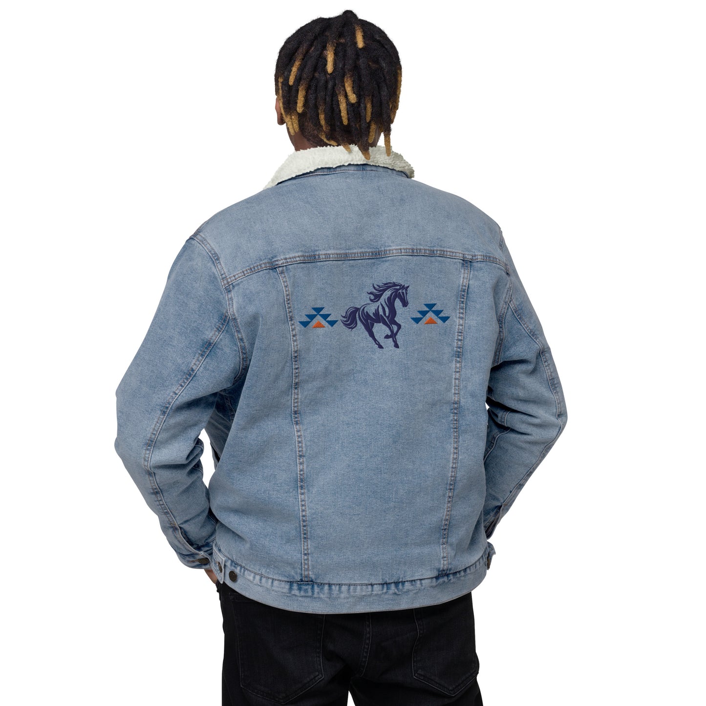 Running With The Wind - Unisex Embroidered Blue Denim Sherpa Jacket