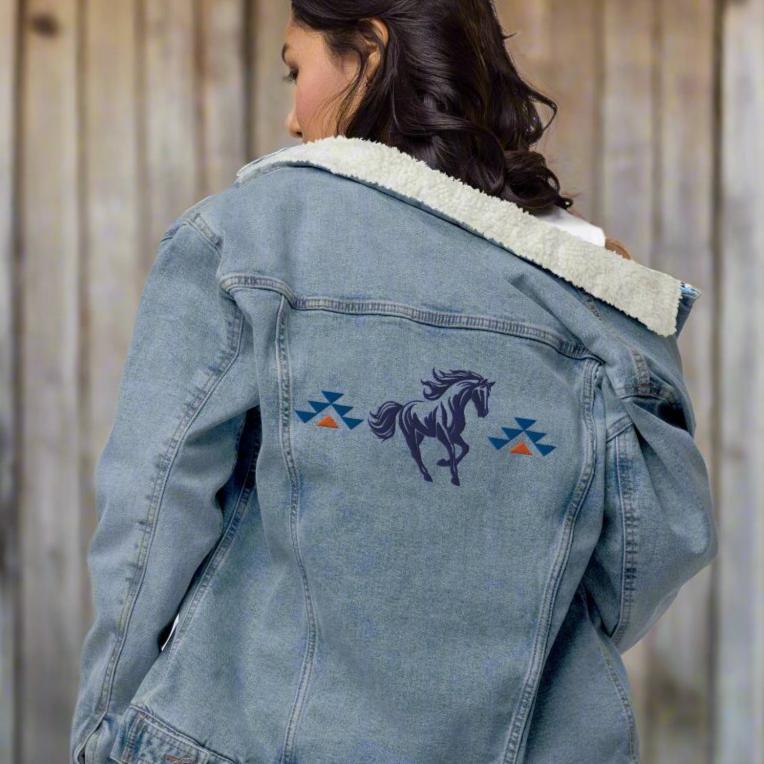 Running With The Wind - Unisex Embroidered Blue Denim Sherpa Jacket