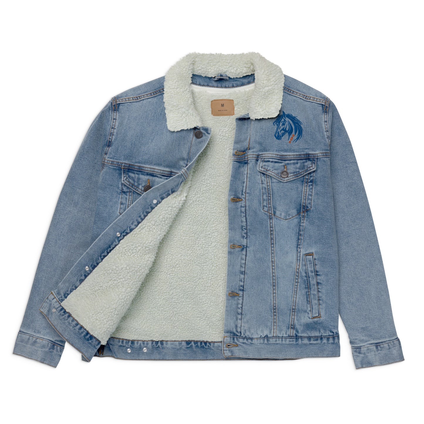 Running With The Wind - Unisex Embroidered Blue Denim Sherpa Jacket