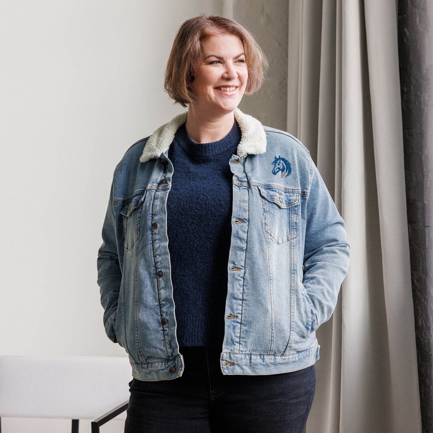 Running With The Wind - Unisex Embroidered Blue Denim Sherpa Jacket