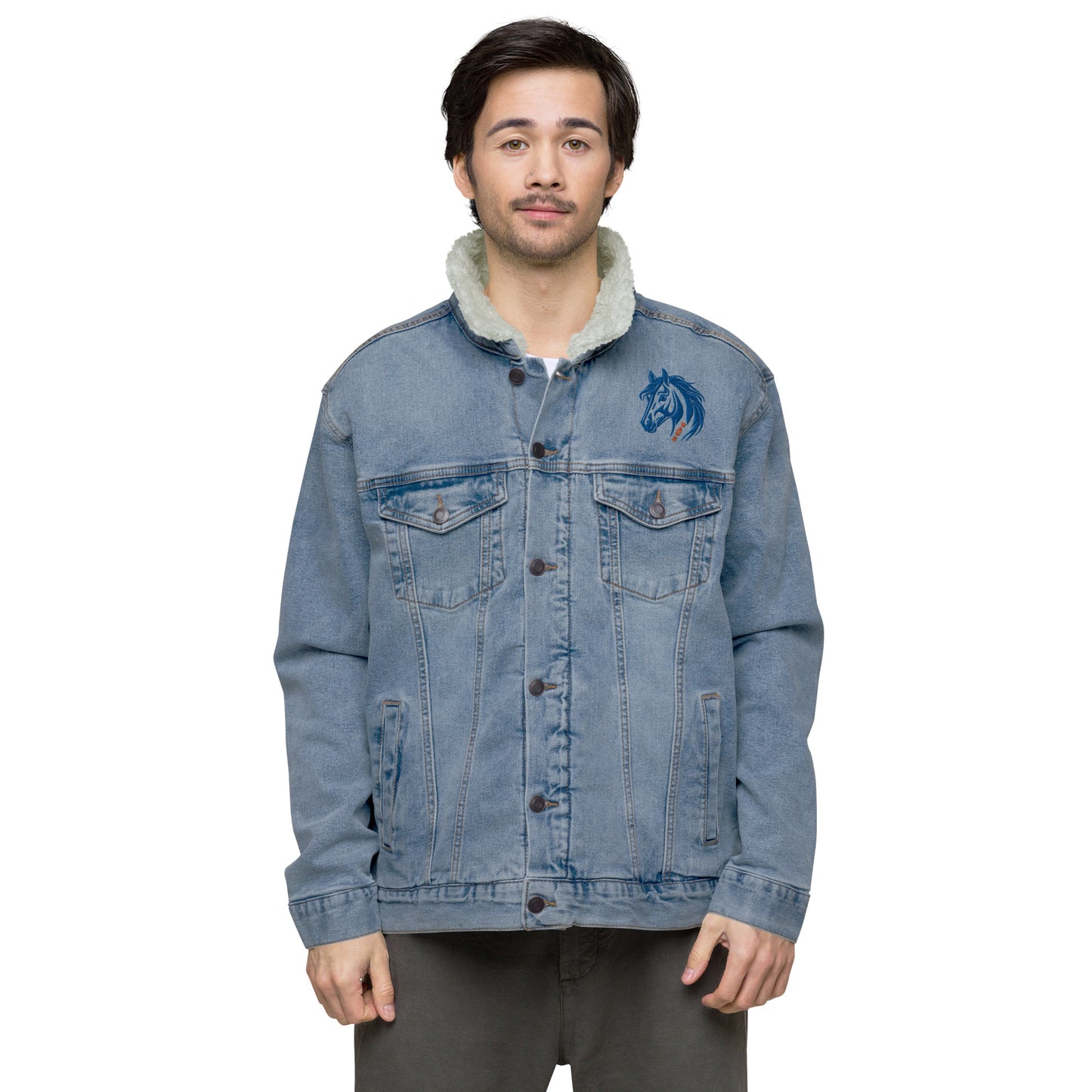 Running With The Wind - Unisex Embroidered Blue Denim Sherpa Jacket