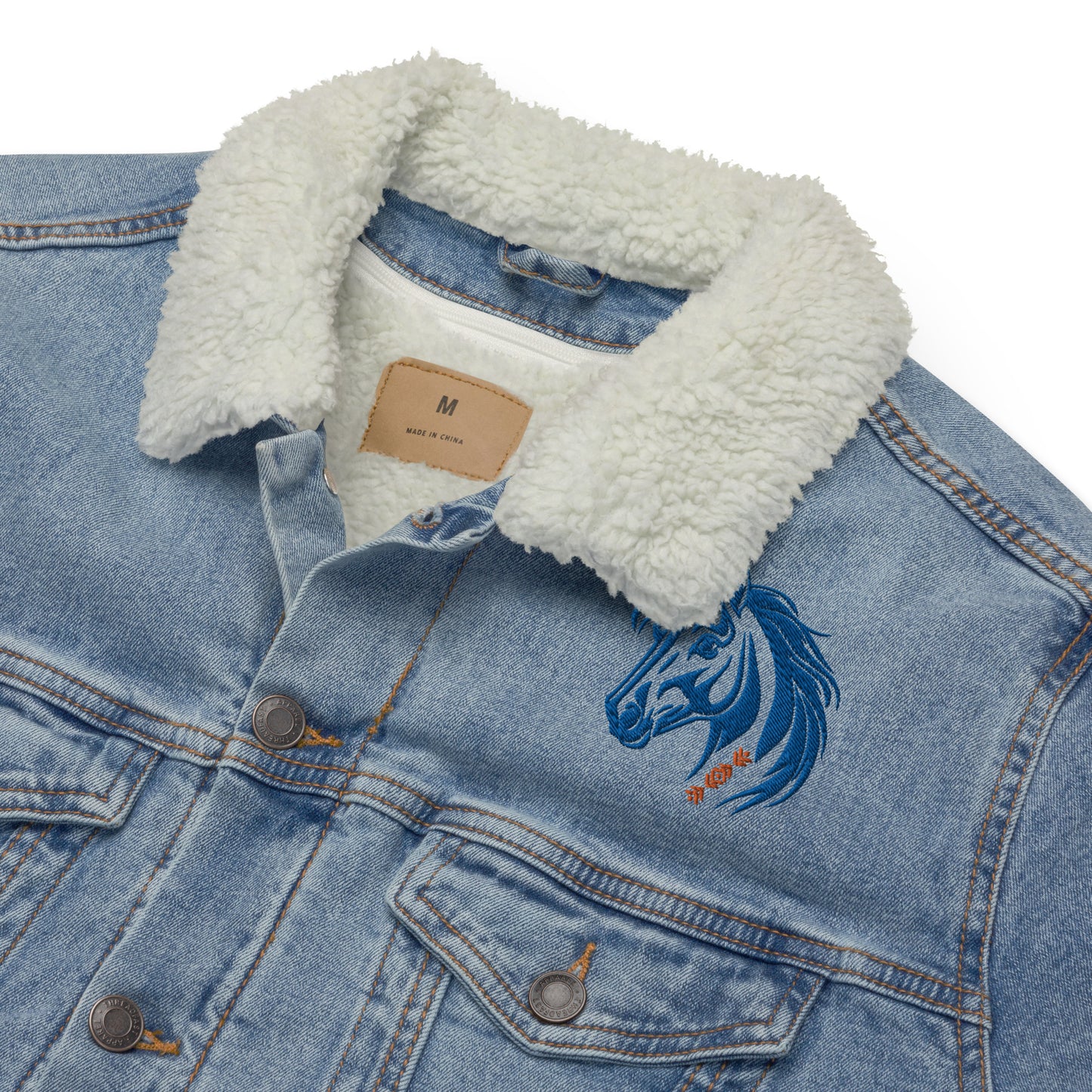 Running With The Wind - Unisex Embroidered Blue Denim Sherpa Jacket